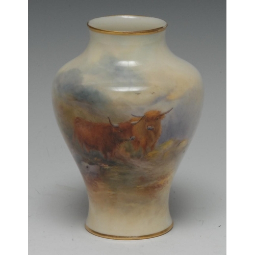 143 - A small Royal Worcester inverted baluster vase, painted by Harry Stinton, signed, with Highland catt... 