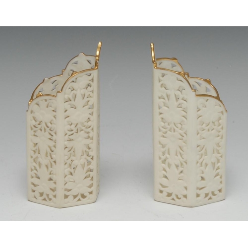 144 - An unusual pair of Granger Worcester Aesthetic Movement hexagonal vases, pierced and reticulated thr... 