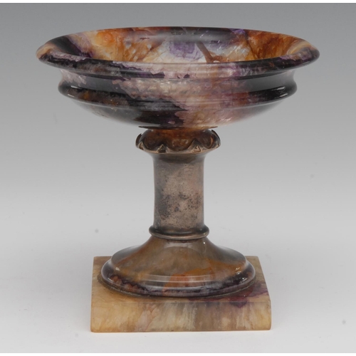 1448 - A 19th century  Blue John tazza, Old Tor vein, flared bowl, everted rim, silver stem, spreading cyli... 