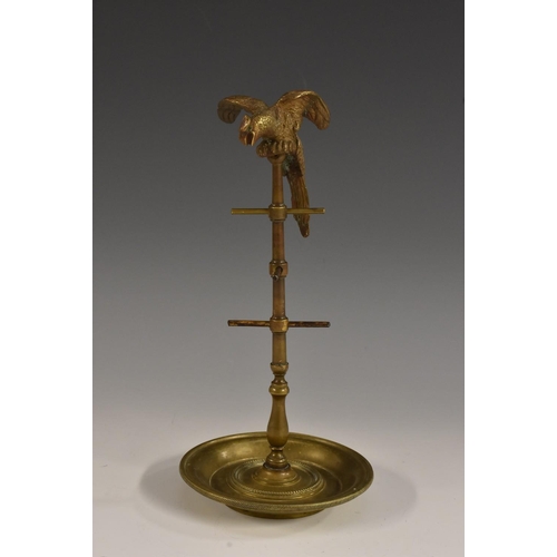 1457 - A 19th century French novelty ring tree, as a parrot on a perch, dished circular base, 21cm high, c.... 