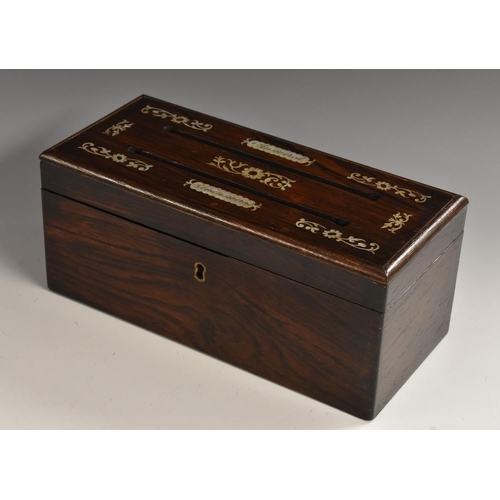 1458 - A George/William IV rosewood and mother of pearl marquetry rectangular correspondence box, hinged co... 