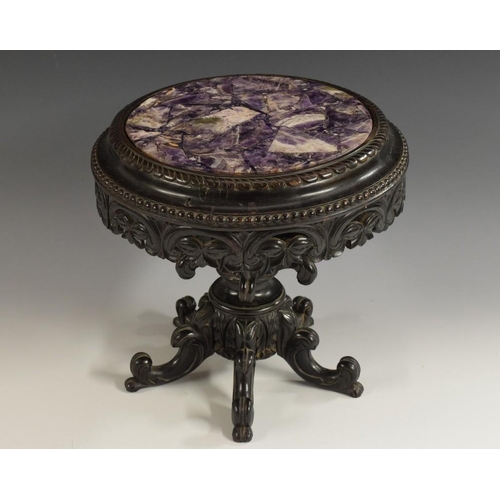 1462 - An Anglo-Indian ebony miniature centre table, inset amethyst quartz specimen top, the frieze, under ... 