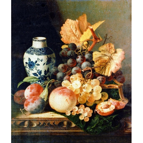 1468 - A decorative still life, ripe fruit and Chinese vase arranged on a ledge, gilt frame, 104cm x 92cm o... 