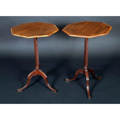 1473 - A pair of Edwardian satinwood crossbanded mahogany octagonal tripod occasional tables, of George III... 