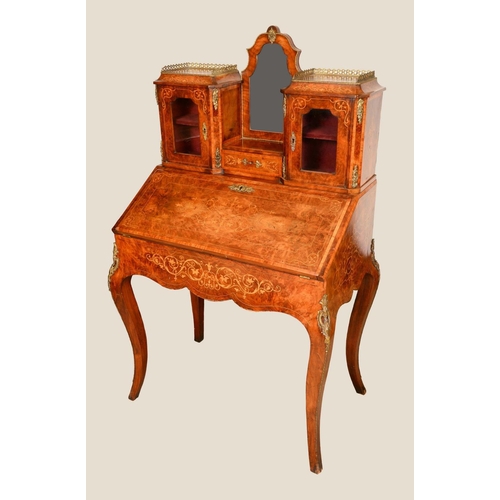 1474 - A Victorian Franglais gilt metal mounted walnut and marquetry bureau du dame, the superstructure wit... 