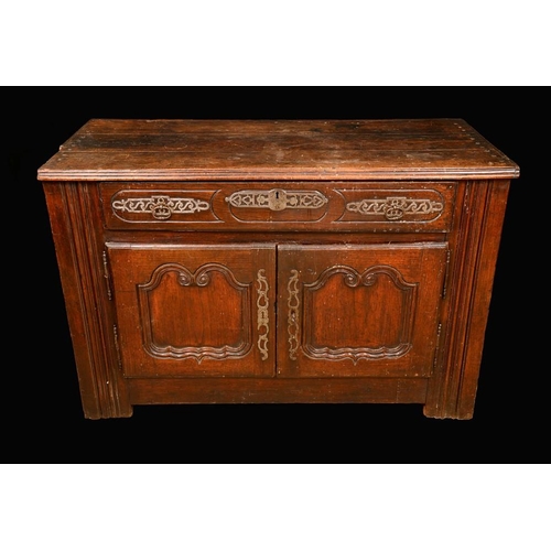 1475 - An 18th century Continental half cabinet, probably Spanish, planked top above a long frieze drawer a... 