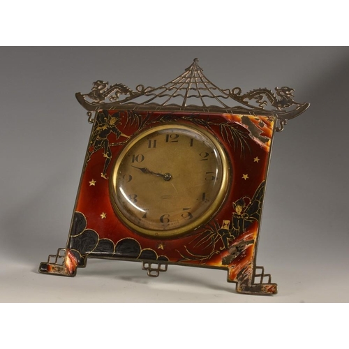 1480 - An early 20th century chinoiserie white metal and enamel easel timepiece, 5cm dial with Arabic numer... 