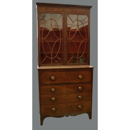 1484 - A George III mahogany secretaire bookcase, outswept cornice, dentil frieze, astragal glazed doors en... 