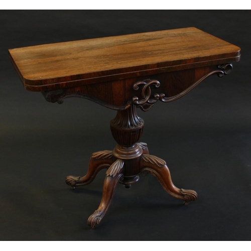 1494 - A William IV rosewood D-shaped card table, folding top enclosing an inset baize lined playing surfac... 