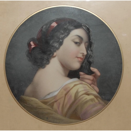 150 - A Derby Crown Porcelain circular plaque, painted by Landgraf, with a Neapolitan beauty, 40cm diam, p... 