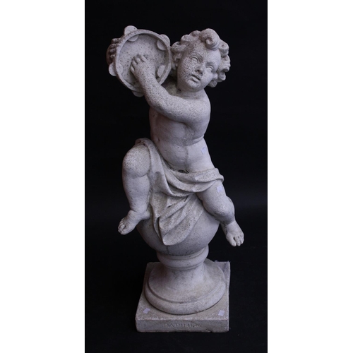 1500 - An 18th century style composition garden statue, of a scantily clad putto playing a tambourine, wais... 