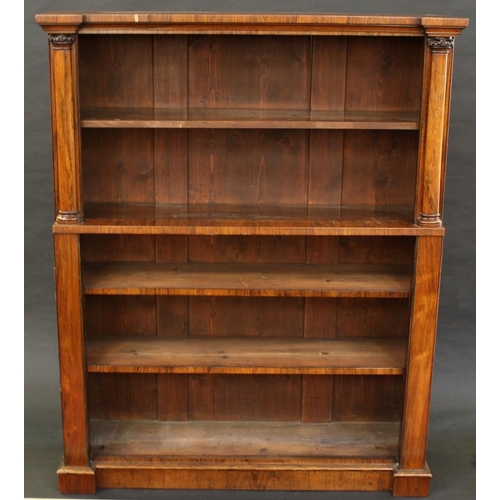 1510 - A George/William IV rosewood open bookcase, the upper shelf flanked by a pair of corolla capped elli... 