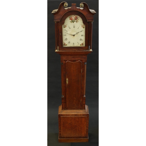 1513 - A George III oak and mahogany longcase clock, 29cm painted arched dial inscribed Johnson, Knaresbro ... 