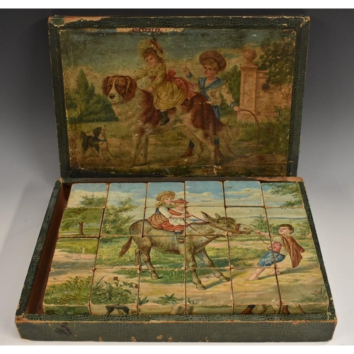 3160 - A Victorian cube block puzzle, each side printed with a different picture, donkey and children withi... 