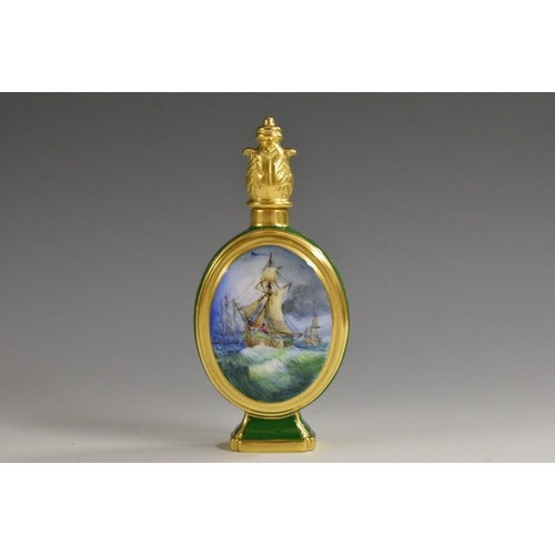 157 - A Lynton porcelain oval scent bottle, painted by Stefan Nowacki, signed, with an English man-of-war ... 