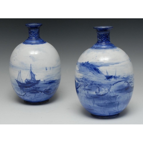 160 - A pair of Royal Crown Derby ovoid vases, painted in underglaze blue with seascapes, the necks moulde... 