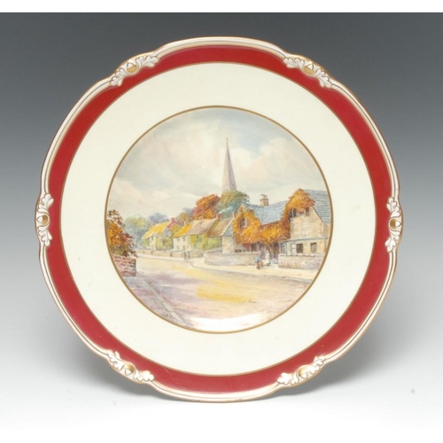 162 - A Royal Crown Derby Named-View shaped circular cabinet plate, Bakewell, painted by W.E.J. Dean, sign... 