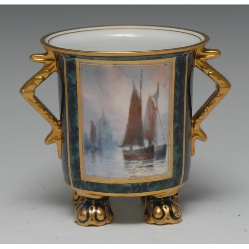 163 - A Royal Crown Derby two-handled urnular cabinet cup, painted by W.E.J. Dean, signed, with schooners ... 