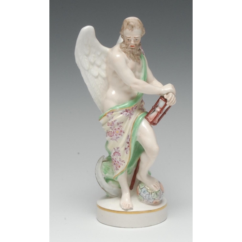 166 - A Bloor Derby figure, of Winged Time, the draped personification holding an hourglass on his raised ... 