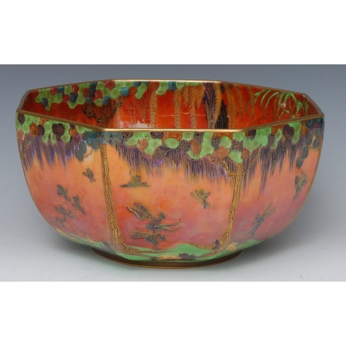 351 - A Wedgwood flame Fairyland Lustre octagonal bowl, designed by Daisy Makeig-Jones, the interior with ... 