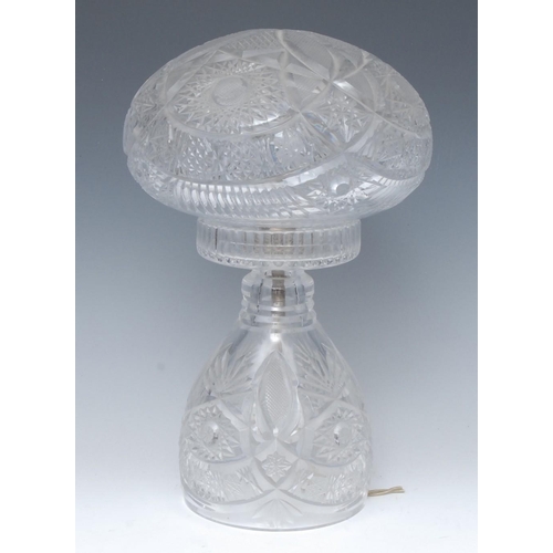 372 - A 20th century hobnail and strawberry cut clear glass mushroom side light, 33cm high