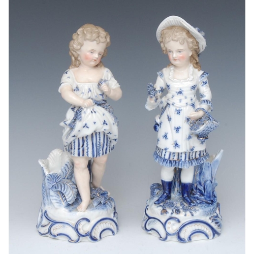 397A - A pair of 19th century Continental Ernst Bohne & Sohne figural spill vases, picked out in blue, 25cm... 