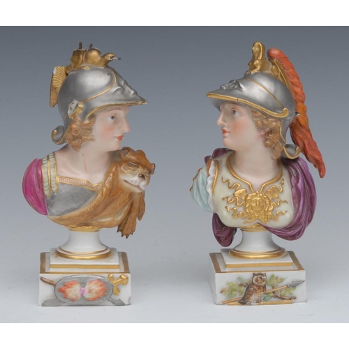 398 - A pair of Meissen bust figures, of Minerva and Apollo, 14cm high, early 20th century, incised number... 