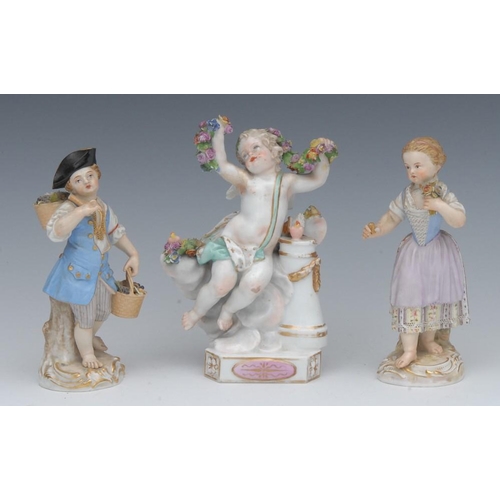 399 - A pair of  Meissen figures, The Flower Seller and The Vinter, he stands bare footed wearing a tricor... 