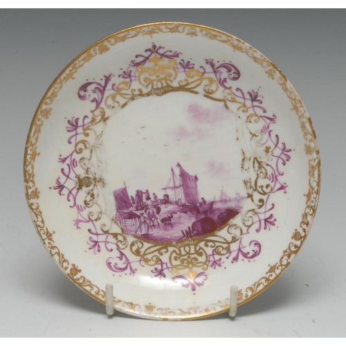 405 - An early 18th century Meissen circular saucer dish, painted en puce camaïeu with a Dutch harbour sce... 