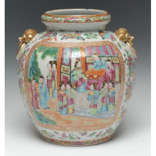 423 - A Cantonese ovoid jar, painted in the Famille Rose palette with an official and attendants, within f... 