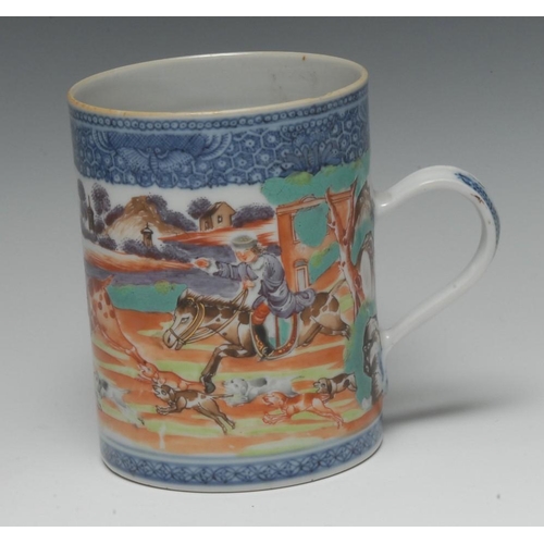 430 - A Chinese cylindrical porter mug, painted in polychrome with 'European' figures fox hunting, within ... 