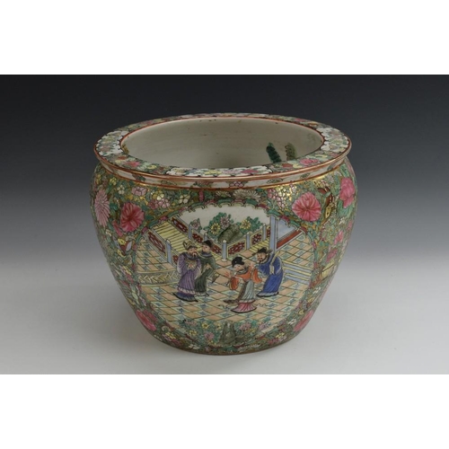 436 - A Chinese ovoid fish bowl, painted in the Famille Rose palette with figures and attendants, on a gro... 