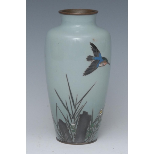 449 - A Japanese cloisonné ovoid  vase, in tones of duck egg blue with a kingfisher taking flight, 15.5cm ... 