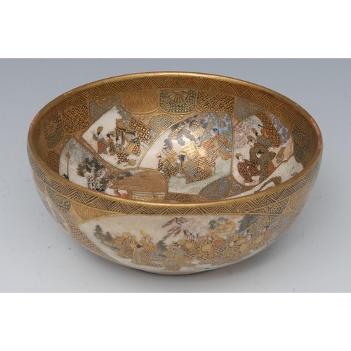 453 - A Japanese Satsuma bowl, decorated with figures and attendants in gilt, black and iron red, 14cm dia... 