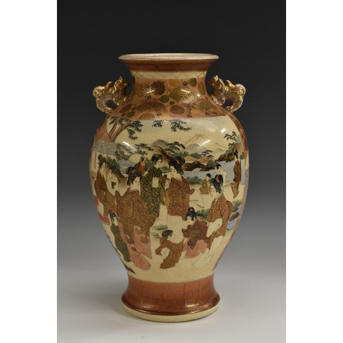 456 - A Japanese Satsuma ovoid vase, painted with figures of the court, gilt temple lion handles, 32cm hig... 