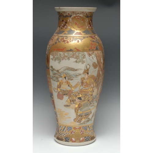 458 - A large Japanese Satsuma vase, densely painted in polychrome and gilt with samurai, 46.5cm high, Mei... 