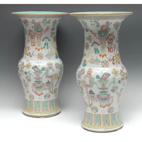 464 - A pair of Chinese yen-yen vases, painted in polychrome with a profusion of precious objects, lappet ... 