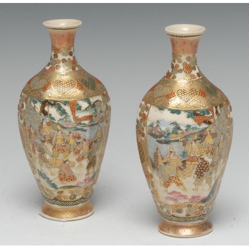 467 - A pair of small Japanese Satsuma hexagonal baluster vases, painted with warriors and figures of the ... 