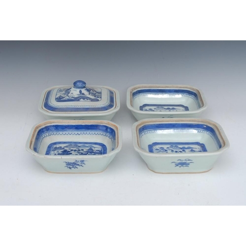 472 - Four  19th century Chinese shaped rectangular serving dishes, one cover, each painted in underglaze ... 