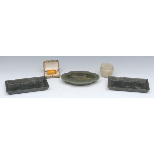 476 - A 19th century Chinese Jade quatrefoil bonsai dish, 16cm wide; a pair of Chinese Jade rectangular tr... 