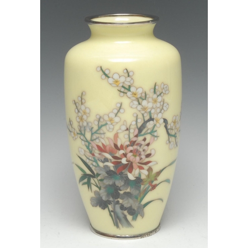 489 - A Japanese cloisonné enamel vase, decorated in polychrome with chrysanthemums, blossom and leafy fol... 