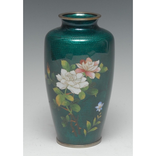 491 - A Japanese cloisonné enamel vase, by Sato, stamped, well-decorated in polychrome with white and pink... 