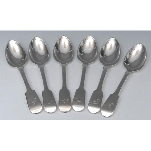 515 - A set of six William IV silver Fiddle pattern dessert spoons, Charles Shipway, London 1835 385g (6)