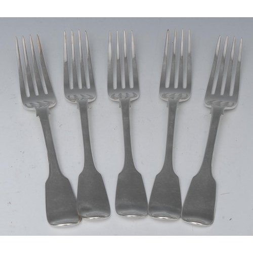 516 - A set of three William IV silver Fiddle pattern forks, London, 1835; a pair of early Victorian silve... 