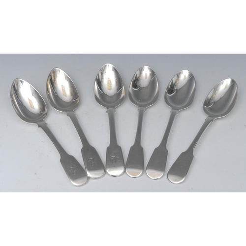 597 - A set of three George IV silver Fiddle pattern dessert spoons, London 1824; another three, Charles B... 