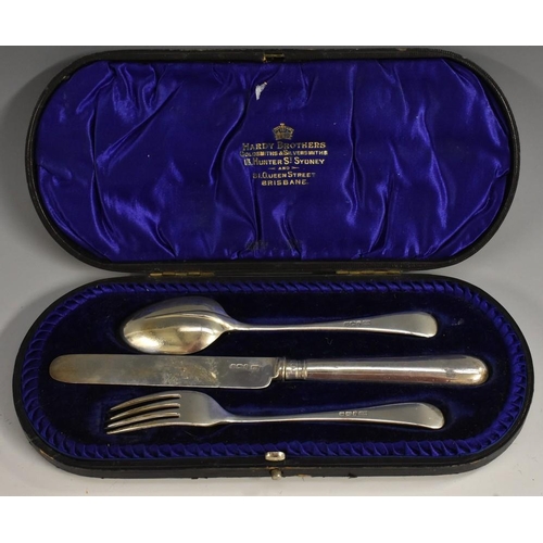 604 - A Victorian silver christening set, comprising Hanoverian Rat Tail pattern spoon, knife and fork,  A... 