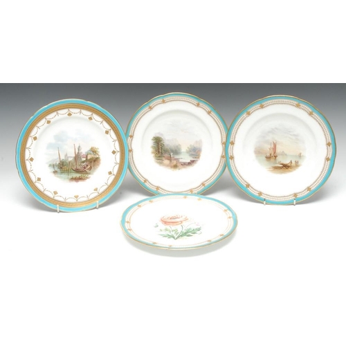 70 - A pair of Minton shaped circular dessert plates, painted with Italianate landscapes, gilt borders, b... 