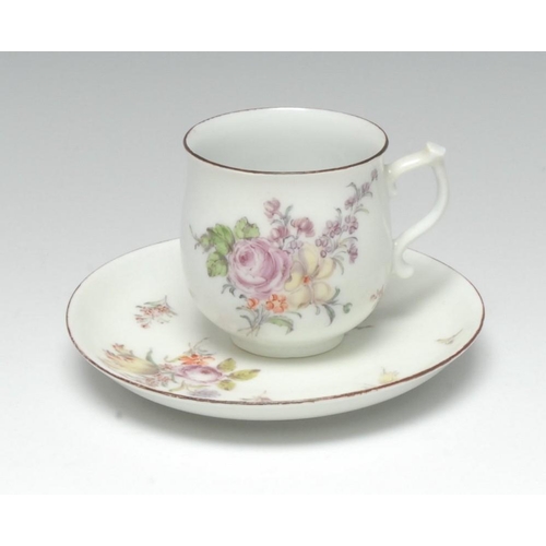 85 - A Chelsea bell-shaped coffee cup and saucer, finely painted in polychrome enamels with Deutsche Blum... 