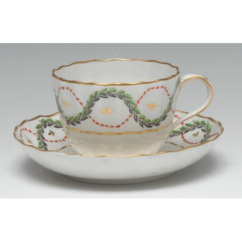 92 - A Pinxton straight-fluted Bute-shaped teacup and saucer, painted in tones of green and grey with a s... 