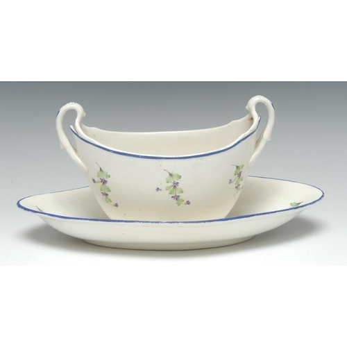 94 - A Pinxton boat-shaped open sucrier, pattern 14, blue line borders, open loop handles, 19.5cm wide, c... 